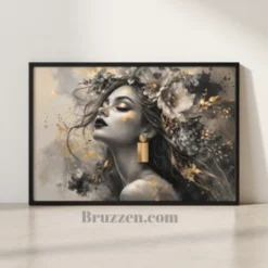 Gray, Black & Gold Floral Woman Portrait Framed Canvas Wall Art
