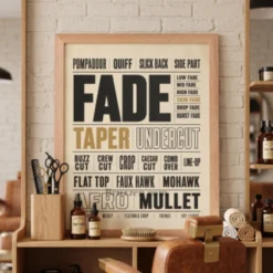 haircut names typographic poster red oak frame styled in industrial barbershop interior