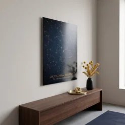 Side profile of memorial star map metal print showing MDF wood frame depth, hallway decor