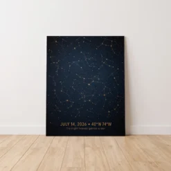 Personalized memorial star map metal wall art in navy and gold, custom night sky print