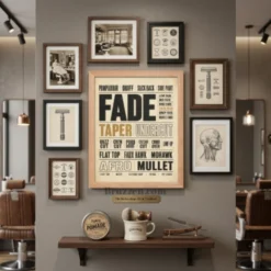 barbershop cut menu typography white framed poster anchoring modern minimalist barbershop gallery wall