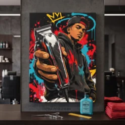 street-art barber canvas print hanging behind barbershop waiting area
