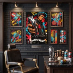 graffiti-style barber canvas print anchoring an urban modern gallery wall