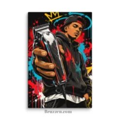 close-up of graffiti barber canvas print showing dripping paint effect and texture
