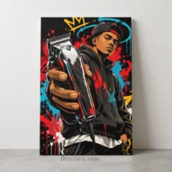 graffiti-style barber illustration wrapped canvas with red, cyan, and yellow color splashes
