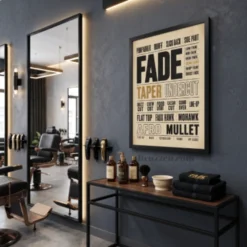 side profile of barbershop typography framed poster showing 0.75 inch black Ayous wood frame depth on white wall
